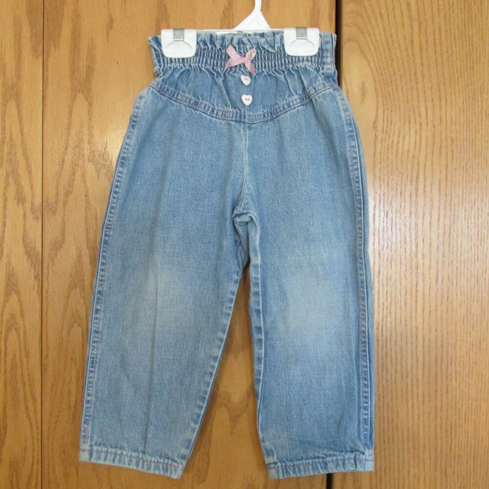 GIRL'S SIZE 3 T JEANS LIGHT BLUE DENIM PULL ON PANTS PINK BOW HEART BUTTONS VINT